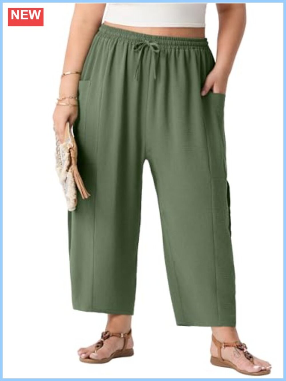 Plus Size Women's Wide Leg Cropped Pants High Waisted Flowy Lightweight